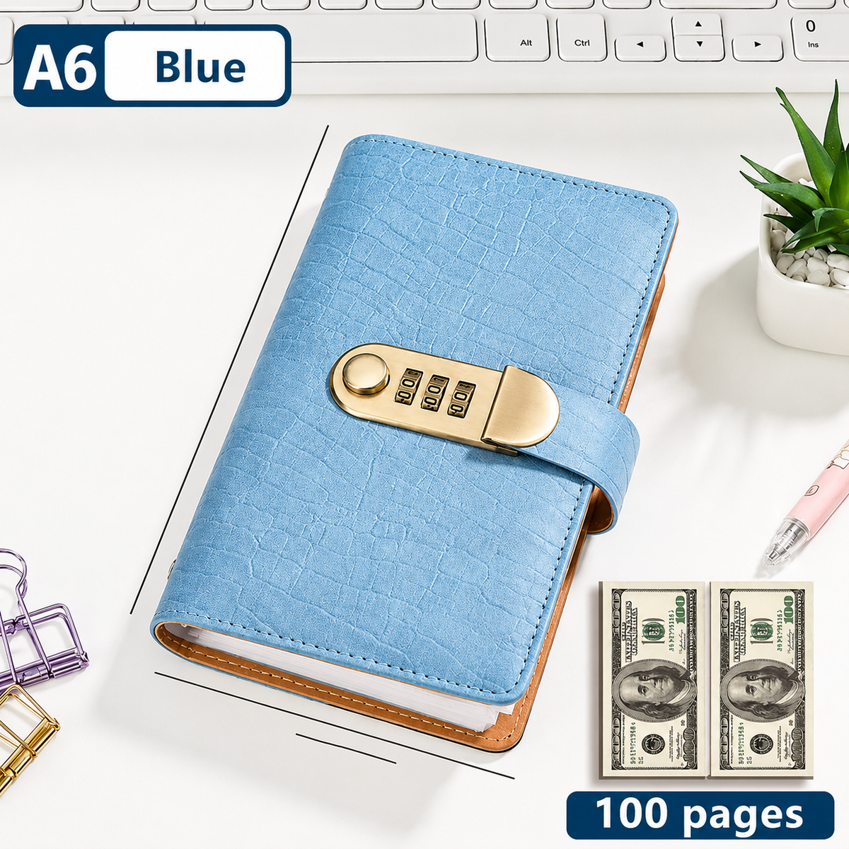 🔒100 Transparent Pocket Currency Collectors Album& 3-DigitResettable Password Lock,A6 savings notebook