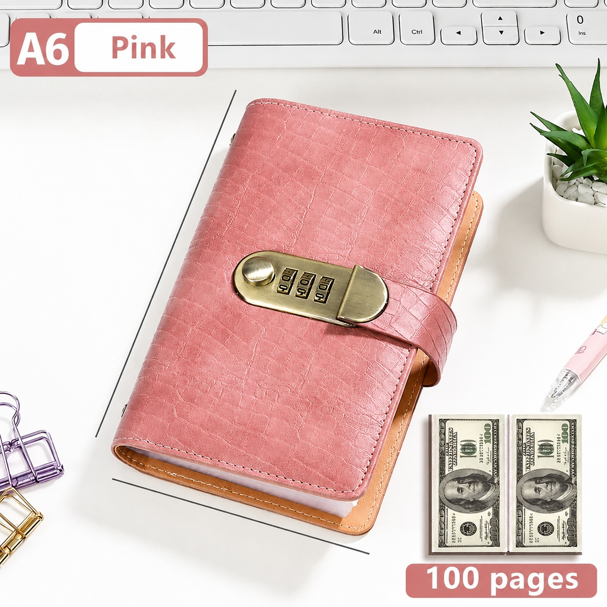 🔒100 Transparent Pocket Currency Collectors Album& 3-DigitResettable Password Lock,A6 savings notebook
