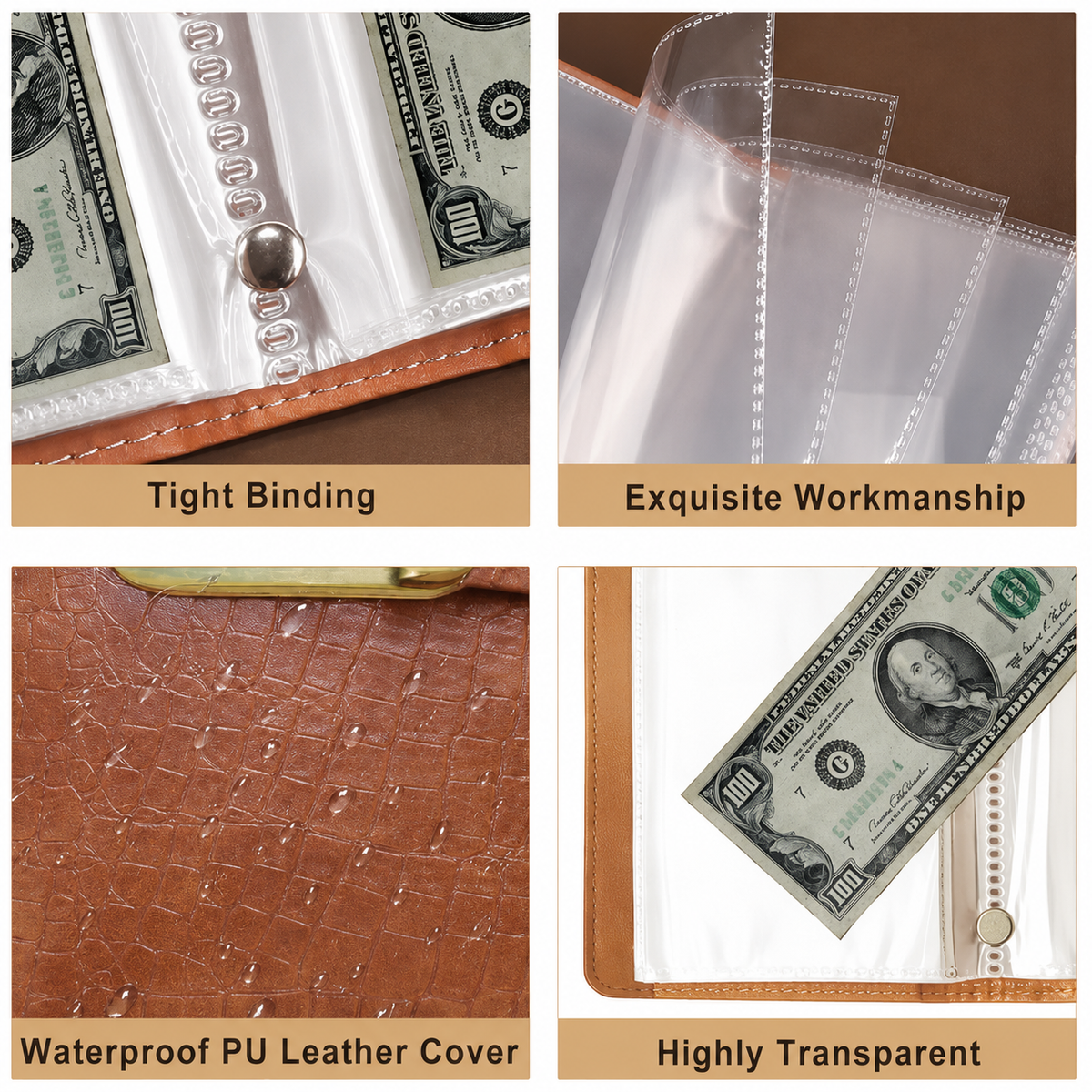 🔒100 Transparent Pocket Currency Collectors Album& 3-DigitResettable Password Lock,A6 savings notebook