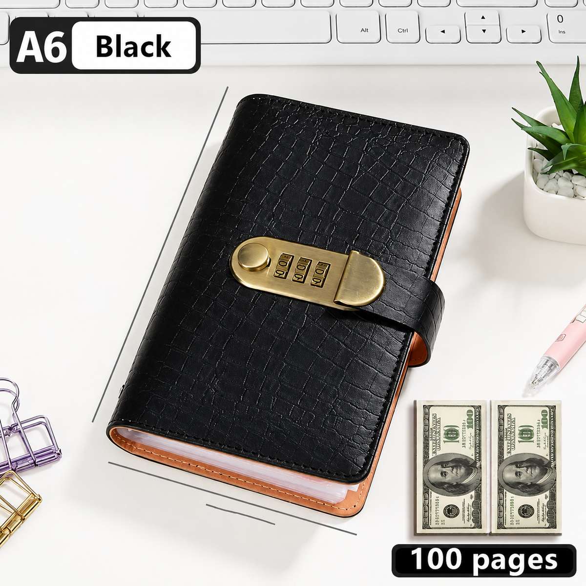 🔒100 Transparent Pocket Currency Collectors Album& 3-DigitResettable Password Lock,A6 savings notebook