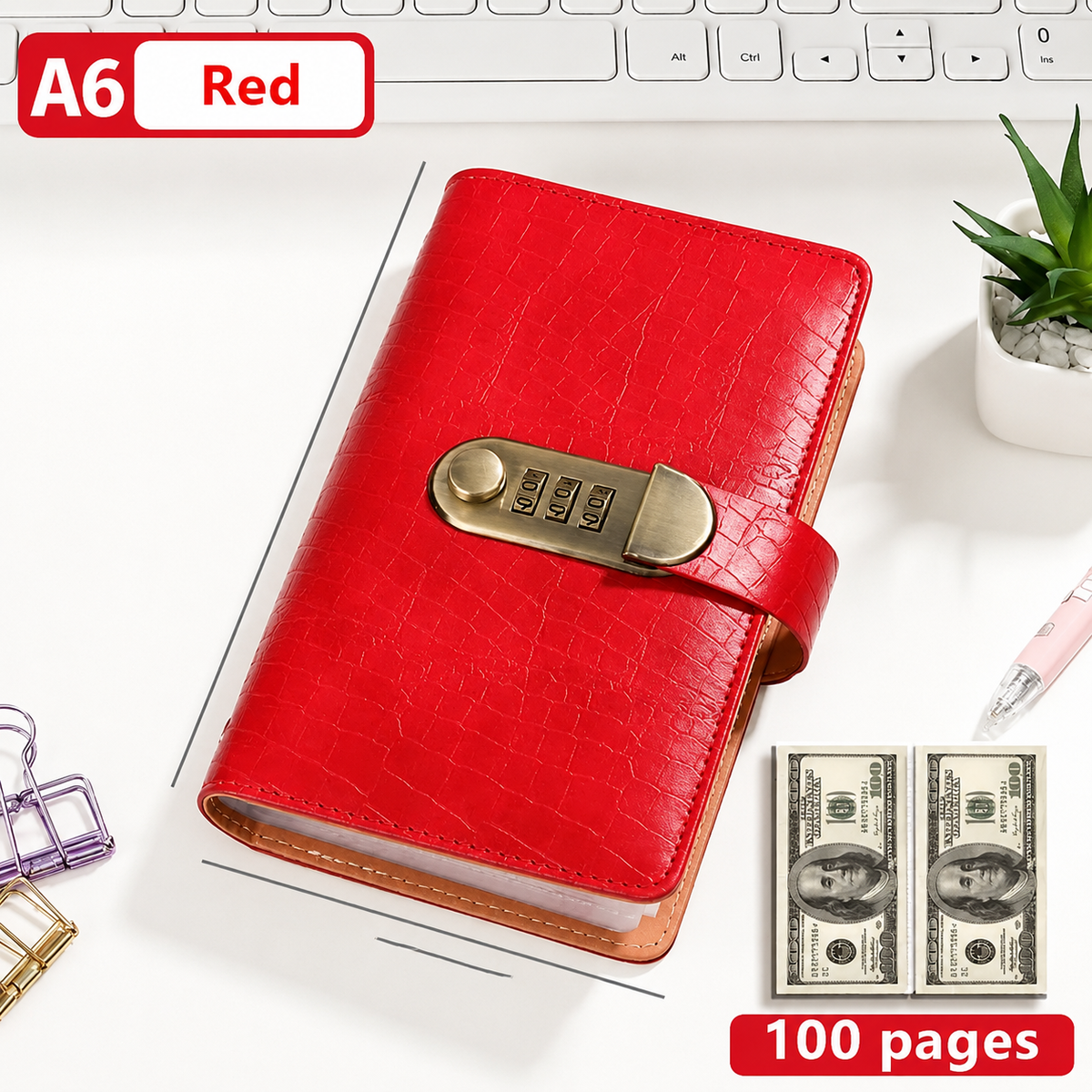 🔒100 Transparent Pocket Currency Collectors Album& 3-DigitResettable Password Lock,A6 savings notebook