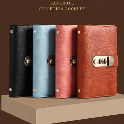 🔒100 Transparent Pocket Currency Collectors Album& 3-DigitResettable Password Lock,A6 savings notebook