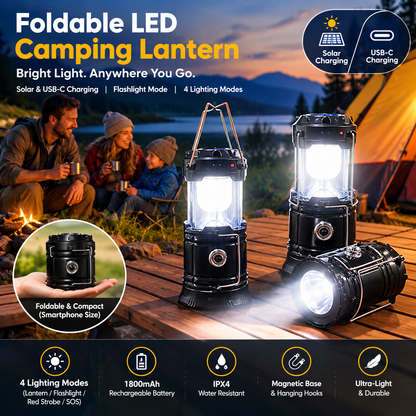✨Foldable LED Camping Lantern with Solar & USB-C Charging and Flashlight Mode